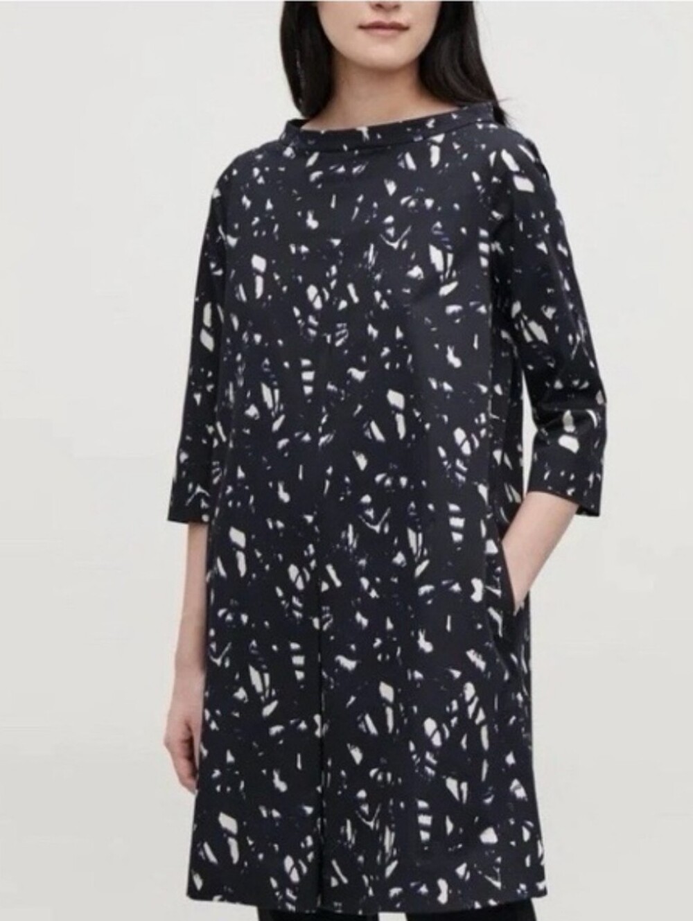 COS Women's Shift Dress Black Abstract Boat Neck 3/4 Sleeve Pocket Sz 40 = Sz 10
